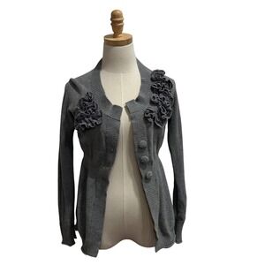 DKNY Jeans Gray Ruffle Rosette Empire Waist Cardigan Sweater Womens Small